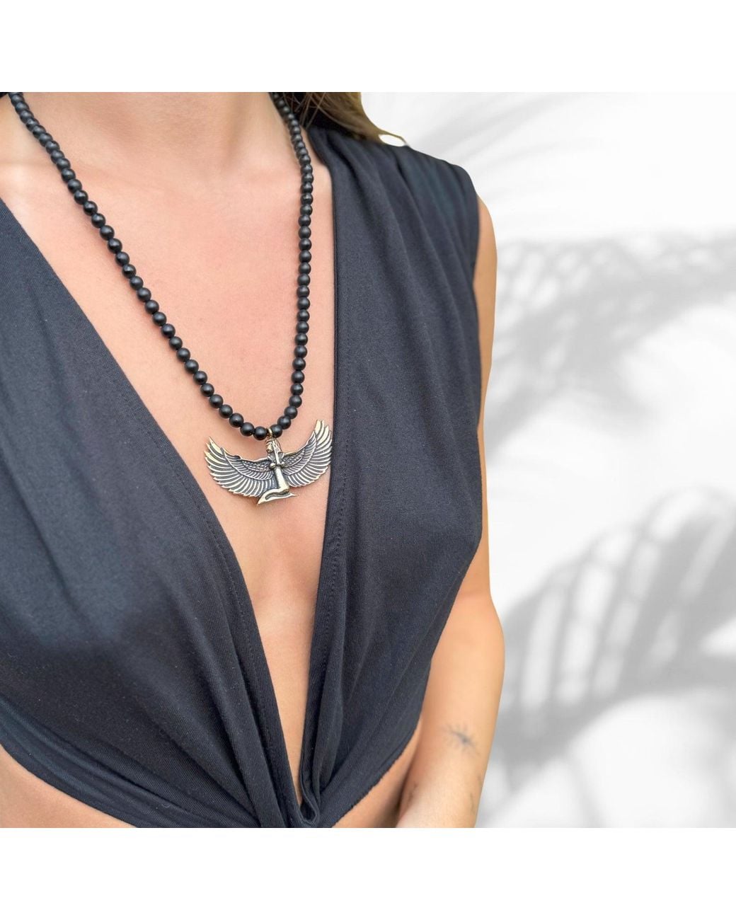 Ebru Jewelry Metallic Magical Goddess Isis Pendant Onyx Stone Beaded Necklace