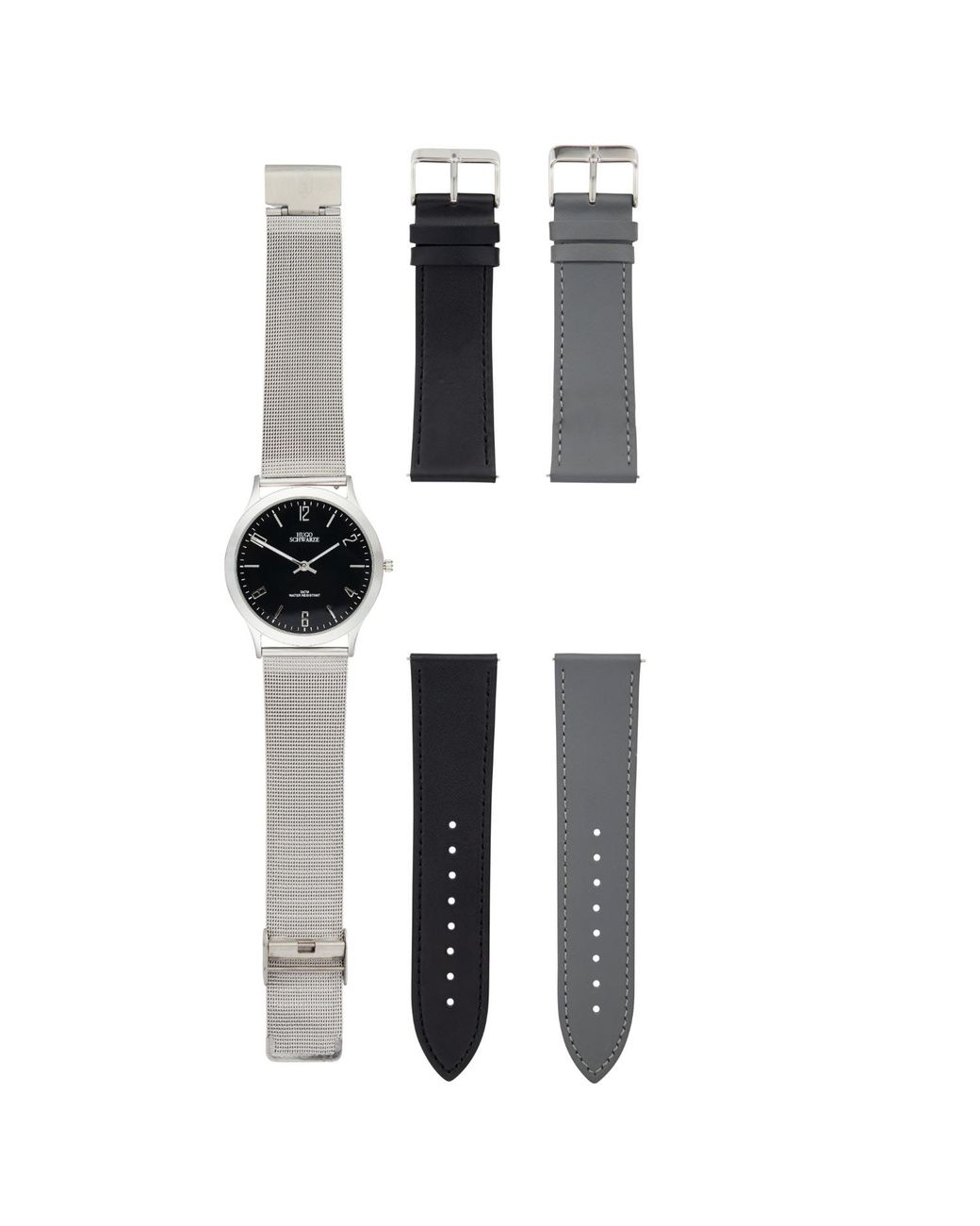 Bermuda Watch Company Metallic Hugo Schwarze Theodore Silver Grey & Black Slim Interchangeable Mens Watch for men