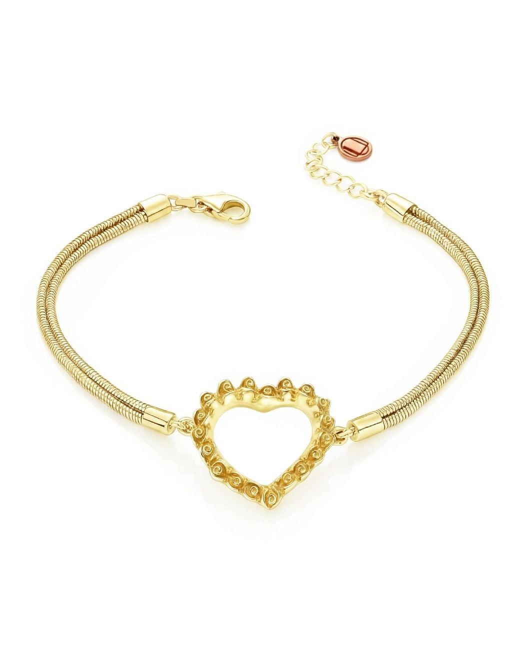 Unaloe Metallic Heart Of Roses Vermeil Bracelet With Double Snake Chain – Italian Handmade Heart Jewelry For