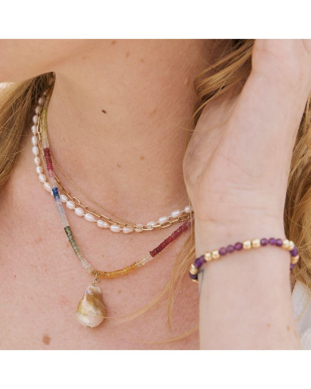 Herself Collections Metallic Hand-Knotted Freshwater Rice Pearl Necklace