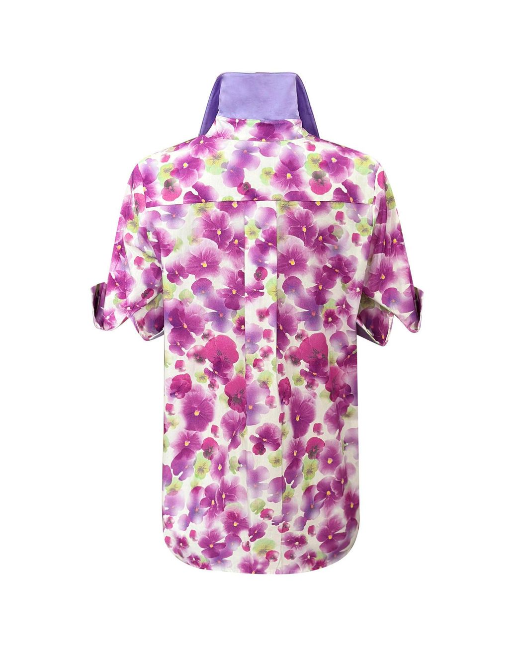 Perlavera Purple Cecil Flower Printed Satin Short Sleeve Length Missy Fit Shirt