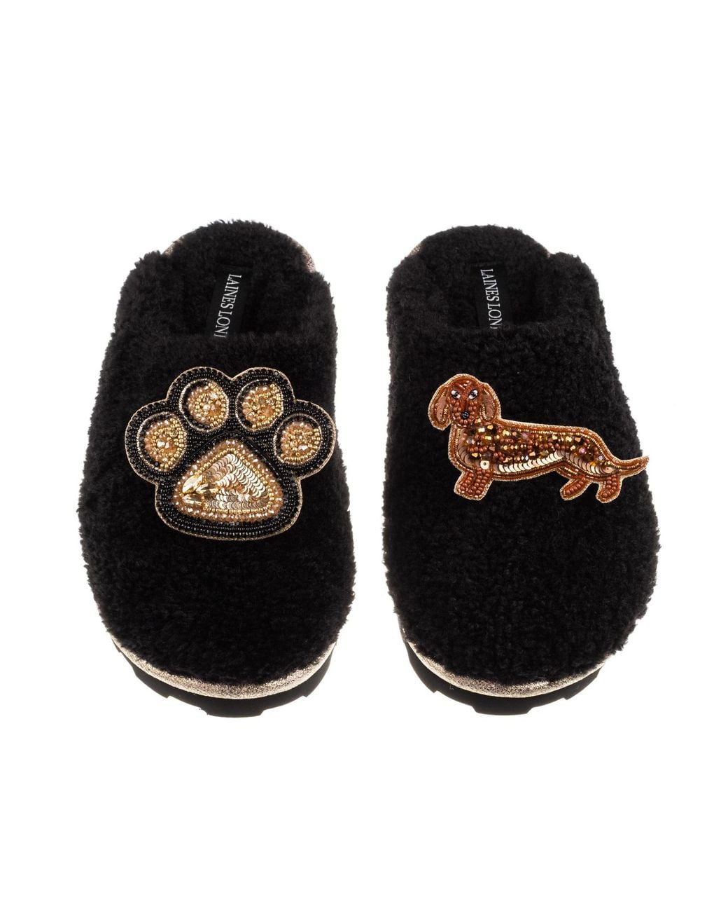 Laines London Black Teddy Closed Toe Slippers With Paw & Dachshund Brooches