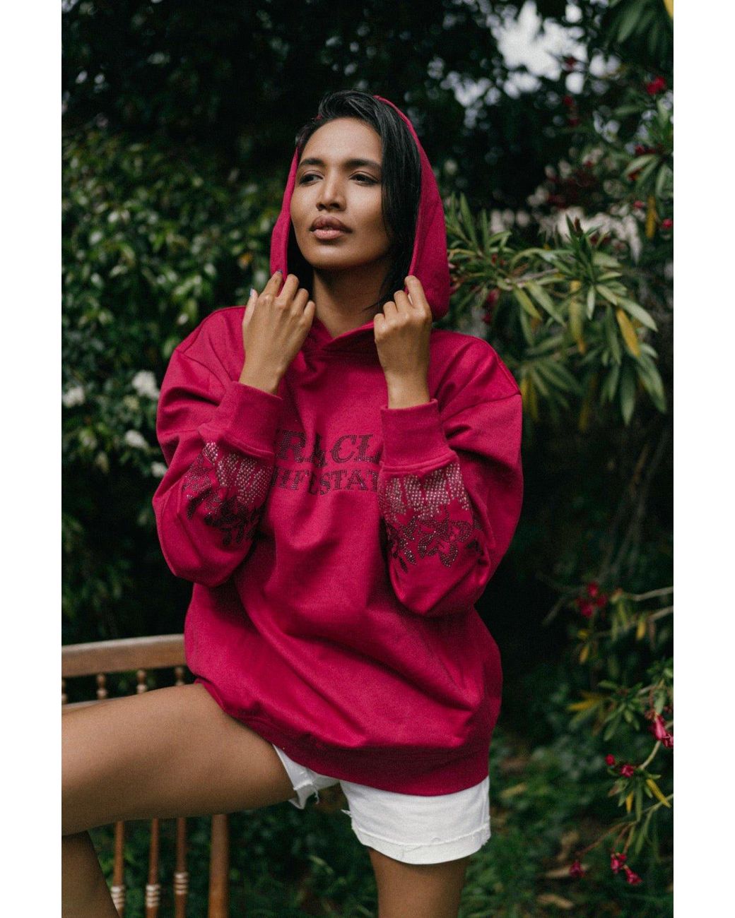 Miracles Manifester Red Positive Affirmation Hoodie With Rhinestone Design