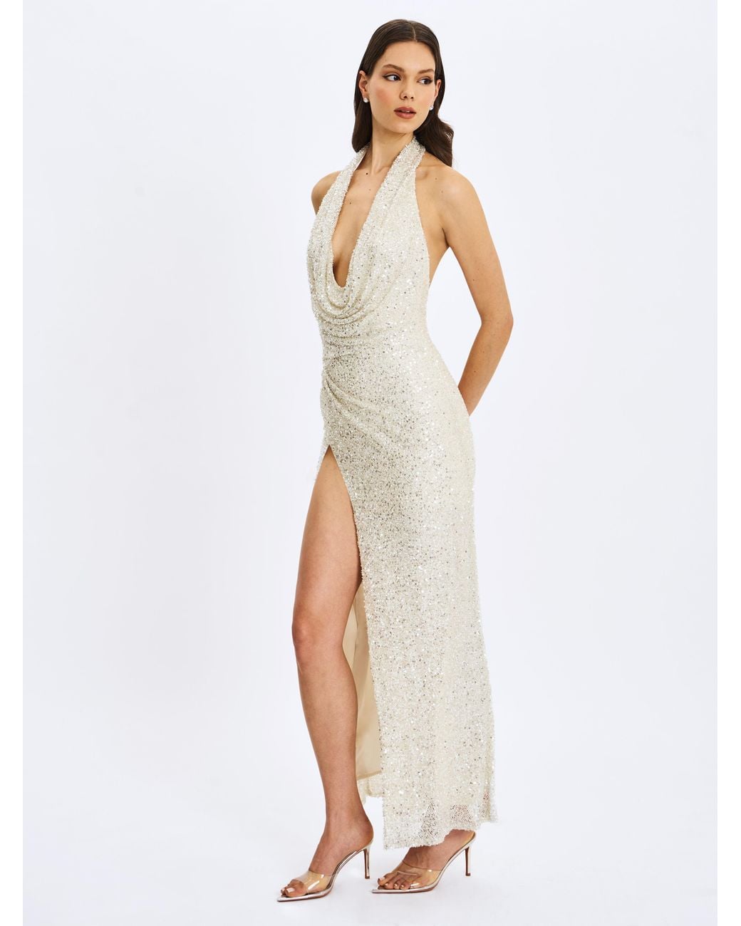Miss Circle New York White Niamh Golden Beaded Cowl Halter Backless Maxi Dress