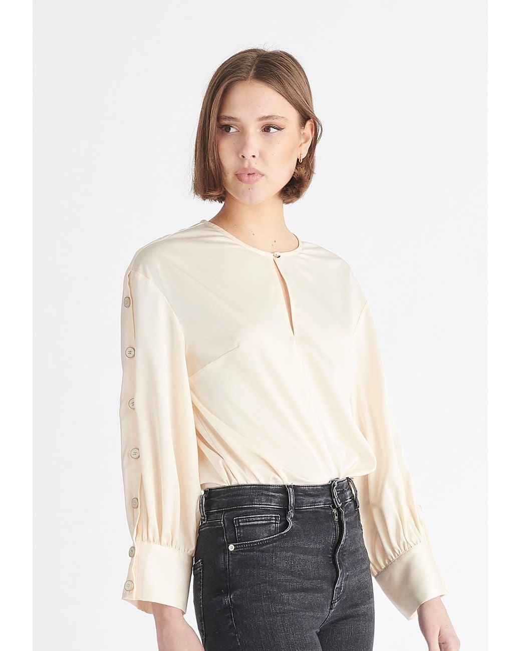 Paisie White Neutrals Button Sleeve Blouse