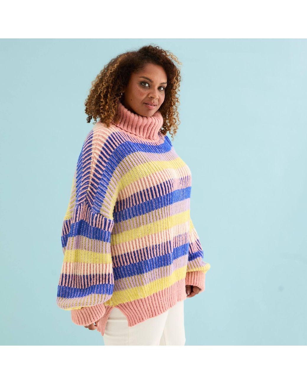 Cara & The Sky Blue Tasha Oversized Balloon Sleeve Stripe Roll Neck Jumper