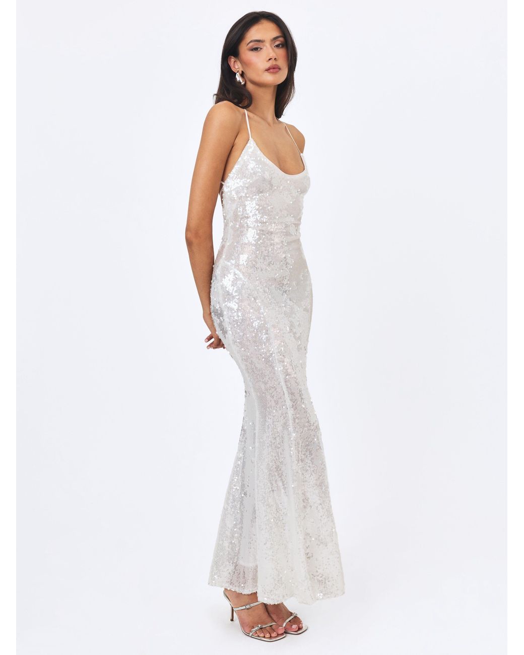 Miss Circle New York White Cameron Sequin Scoop Neck Mermaid Maxi Dress