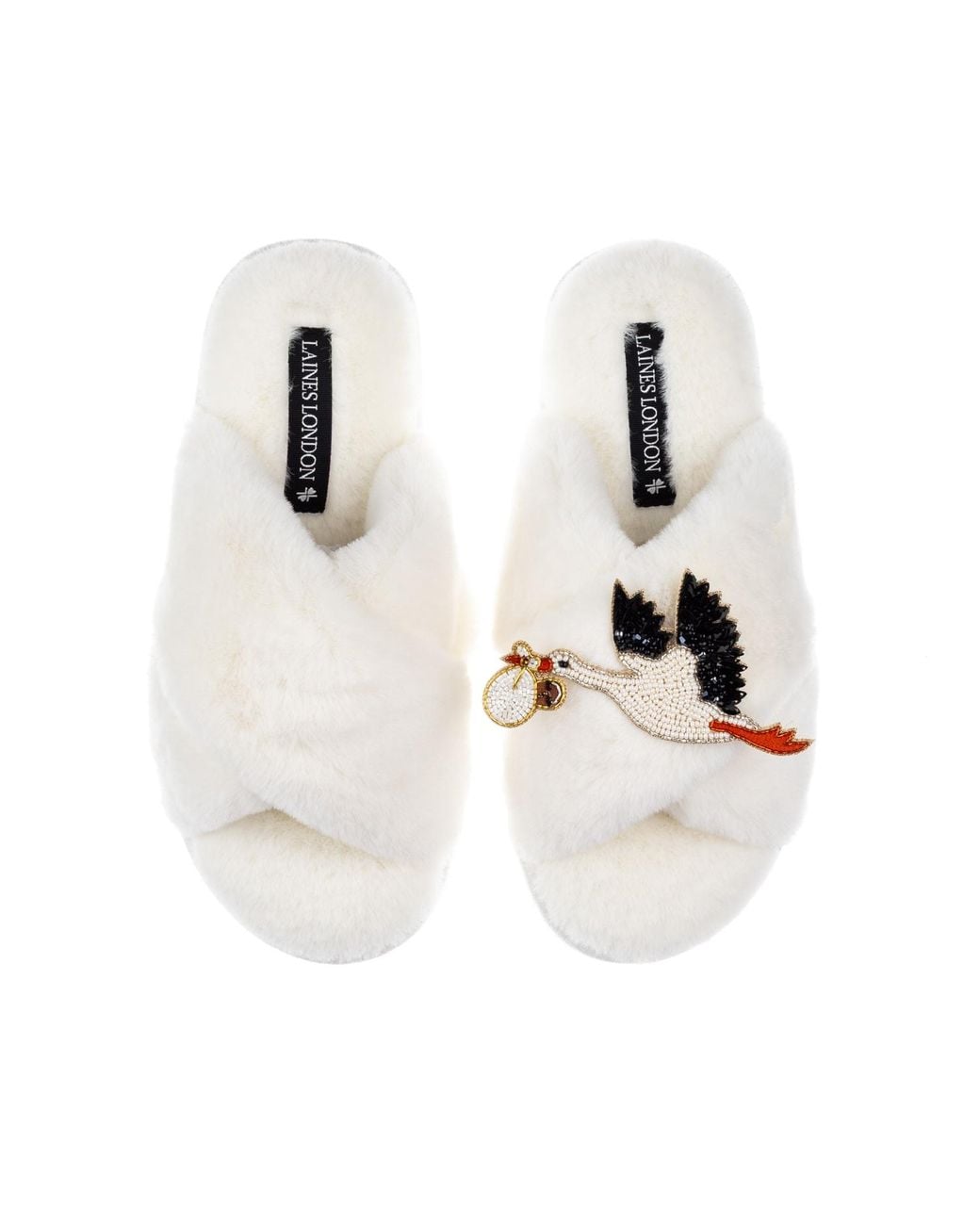 Laines London White Neutrals Cream Classic Laines Slippers With Baby Boy Stork Brooch