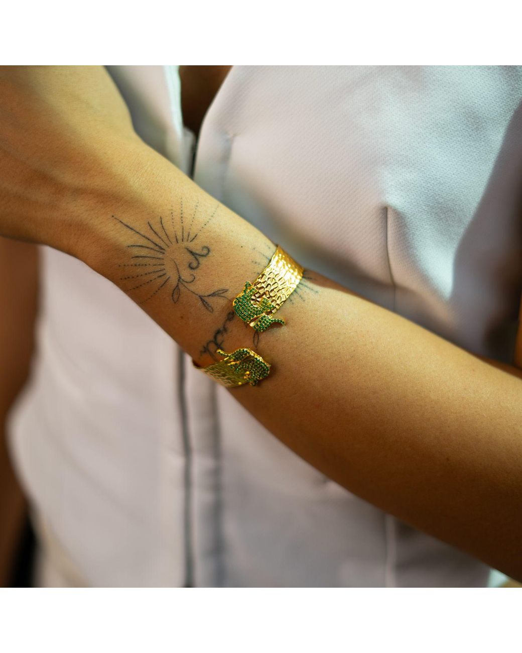 Ebru Jewelry Metallic Guardian Elephant Emerald Cuff Bracelet