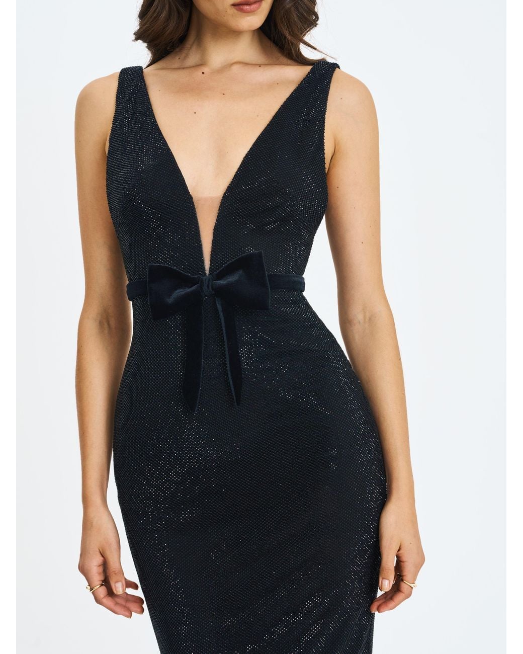Miss Circle New York Black Olympia Belted Bow Plunging Rhinestone Maxi Dress