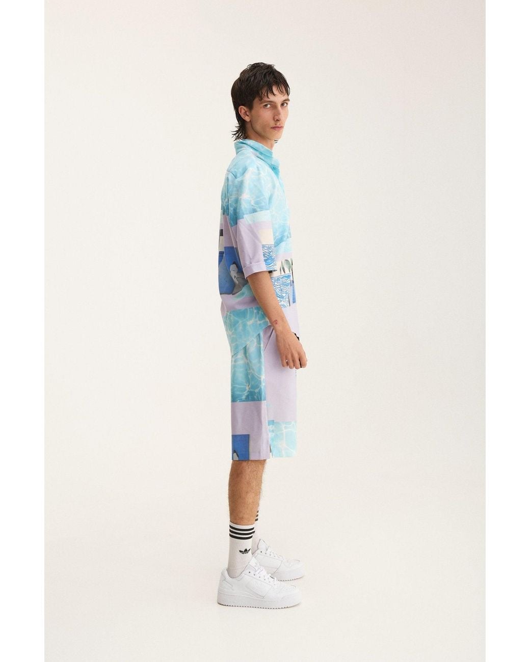 mysimplicated Blue Short Sleeve Shirt And Bermuda Set With Water Design for men