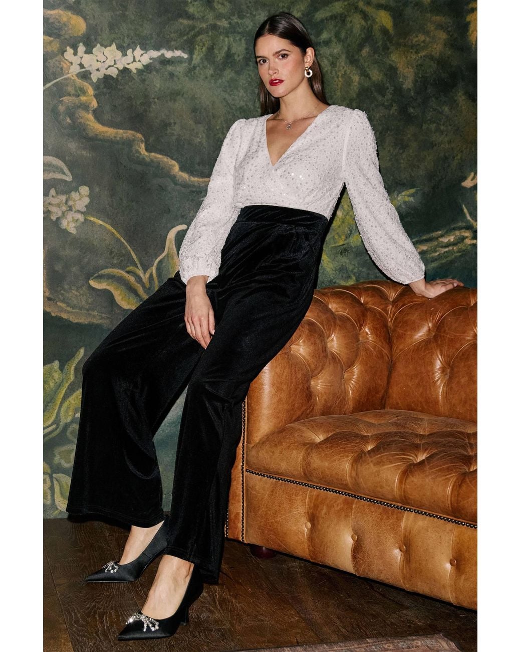 Yumi' Black Ivory Embellished Pearl Sequin Velvet Jumpsuit