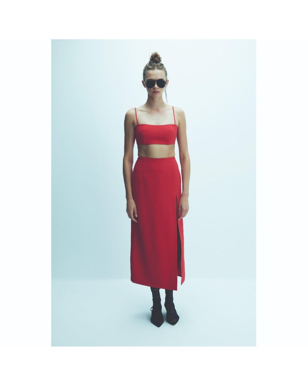 NAZLI CEREN Red Lea Crepe Midi Skirt