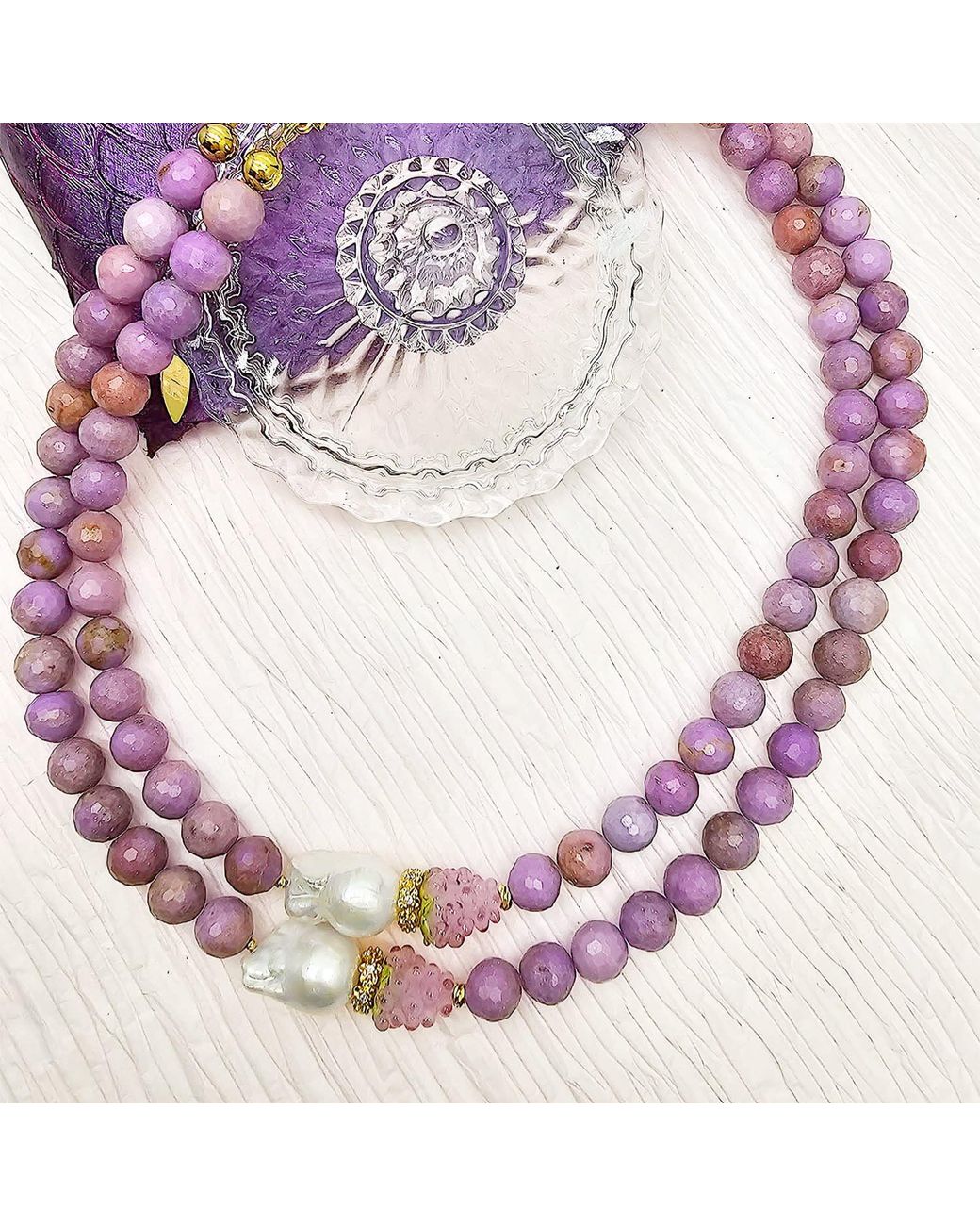 Farra Pink Sugilite With Baroque Pearls And Raspberry Double Layers Necklace