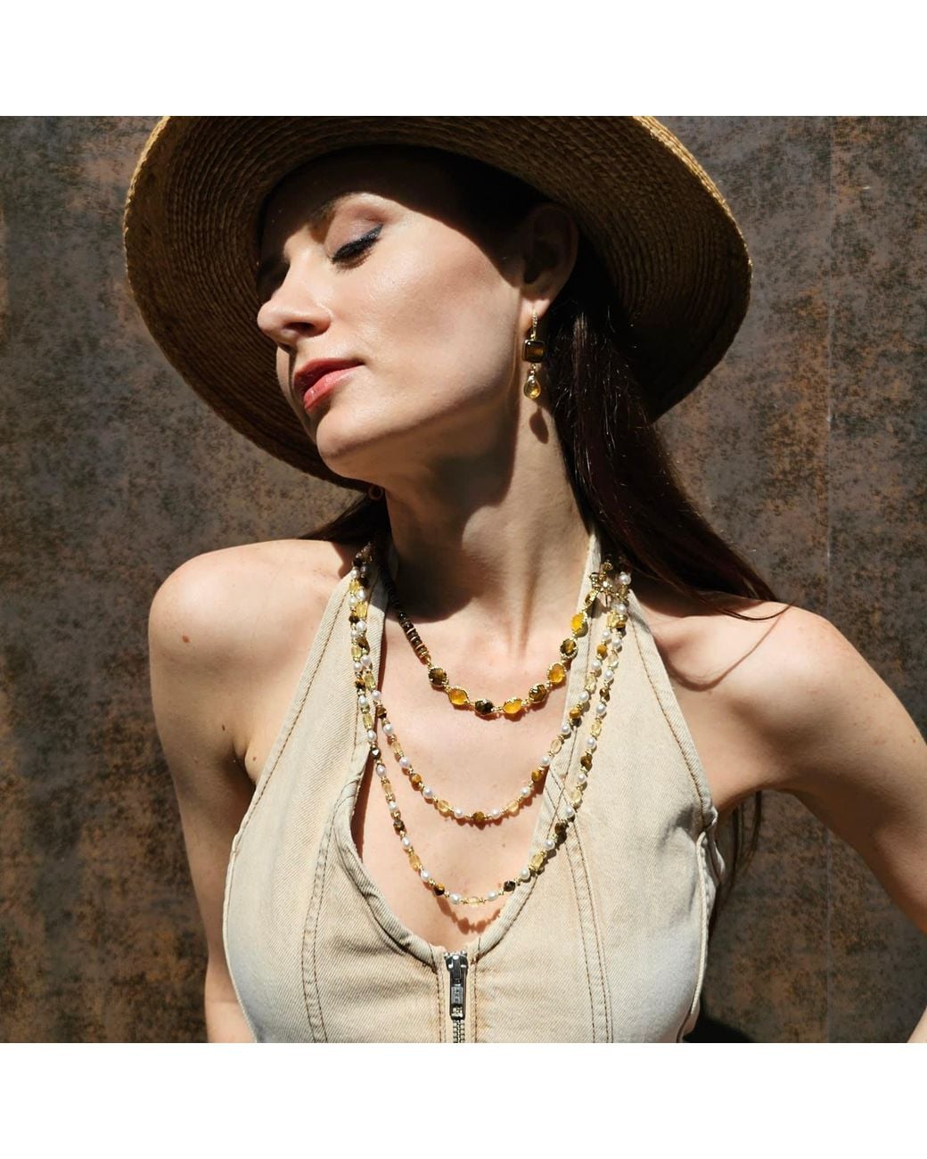 Farra Metallic Tiger-Eye And Citrine With Freshwater Pearls Long Necklace