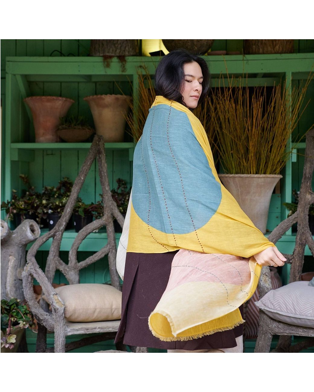 Variously Yellow Cirq Sun Modern Artisan Linen Silk Scarf