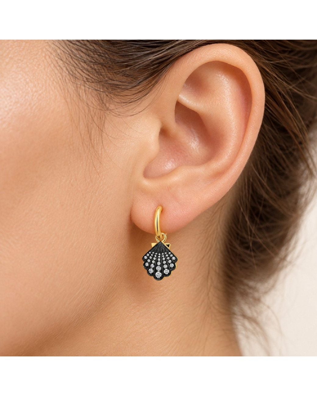Artisan Metallic 14K Diamond Seashell Drop Hoop Earrings