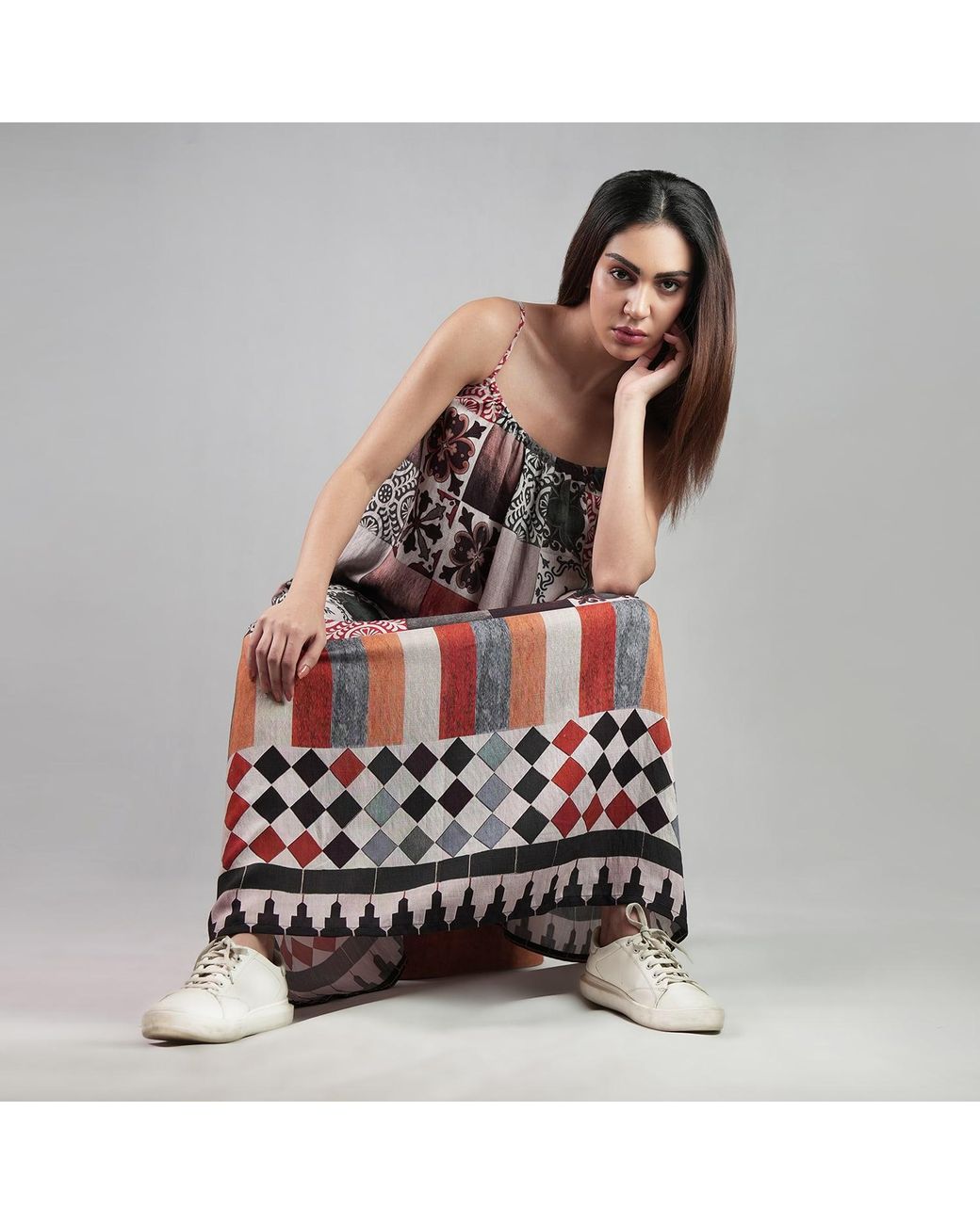 DHARA SHETH DUBAI Red Celestial Tesserae Mosaic Print Spaghetti Strap Cotton Maxi Dress