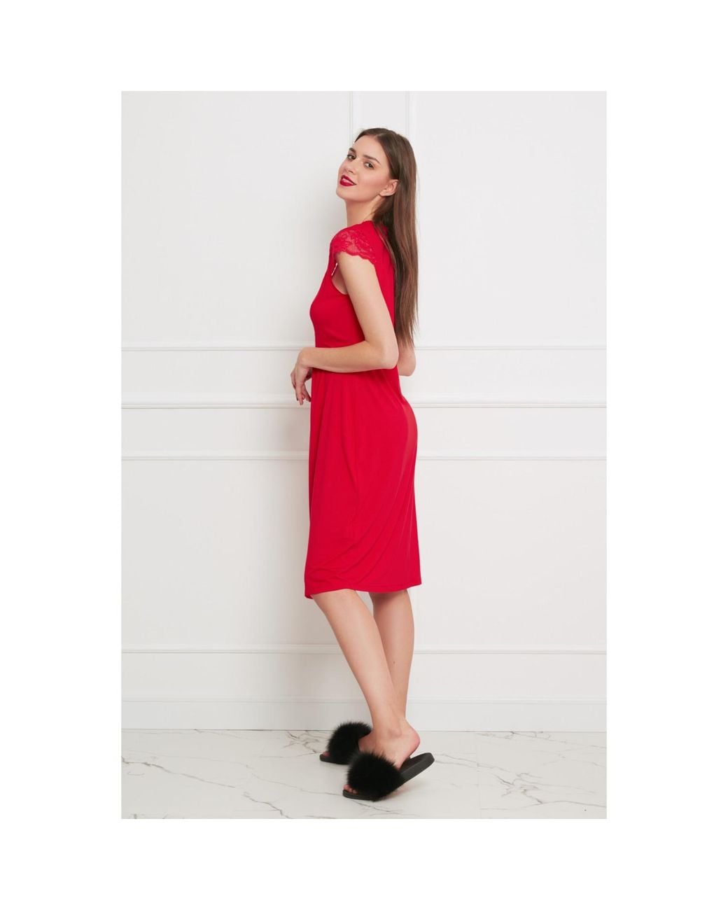 Oh!Zuza Red Classy Midi Nightdress With Lace