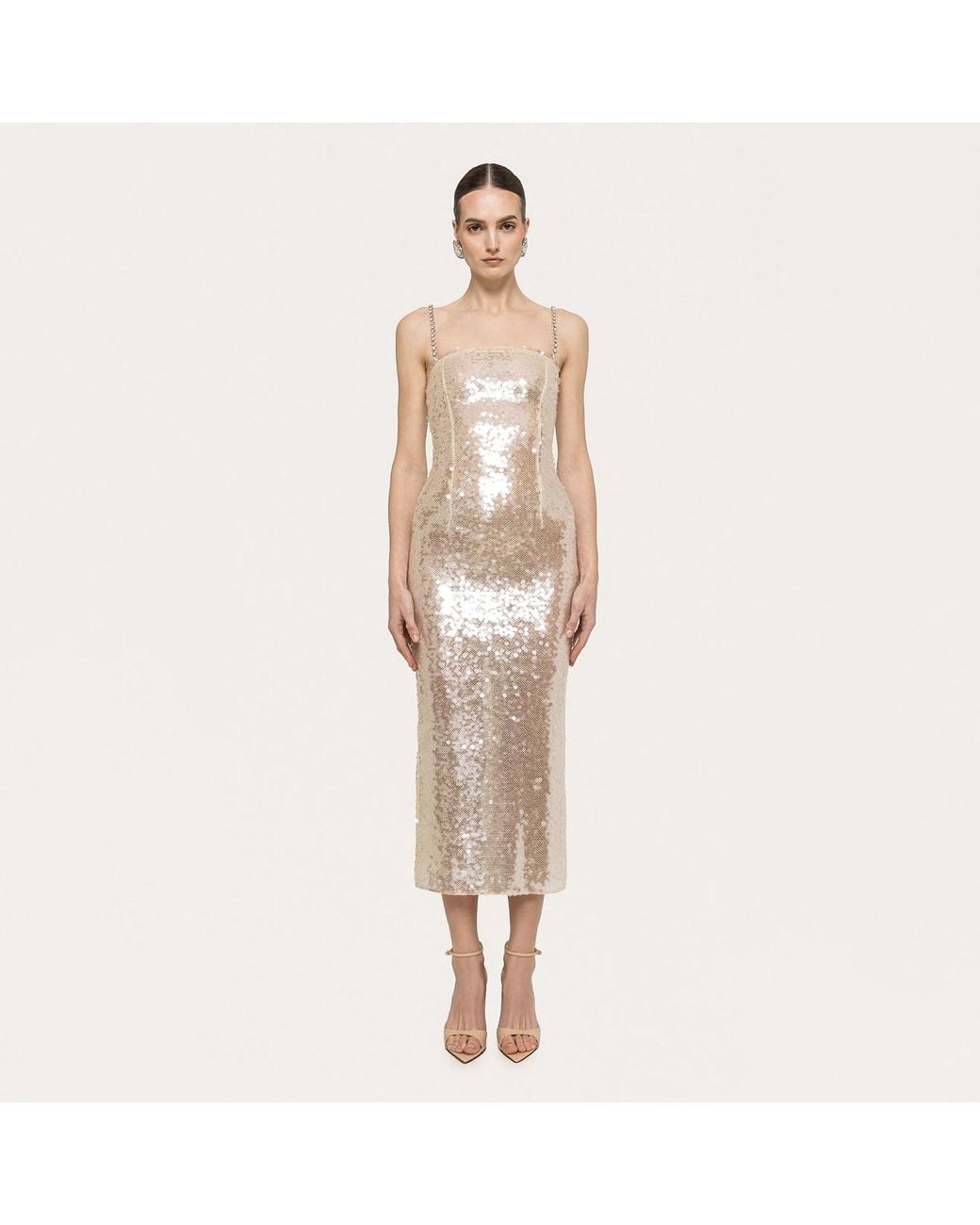Nissa Natural Neutrals Sequined Midi Dress Cream