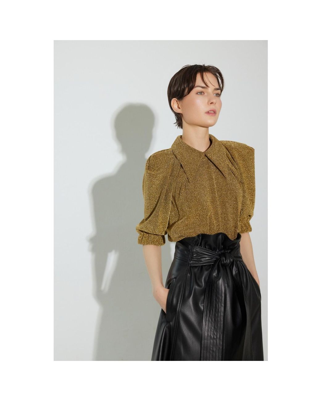Julia Allert Green Evening Metallic Knit Puff Sleeve Blouse