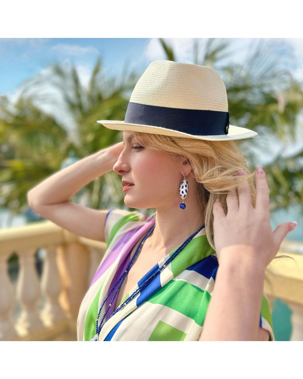 Farra Blue Lapis With Rhinestone Earring