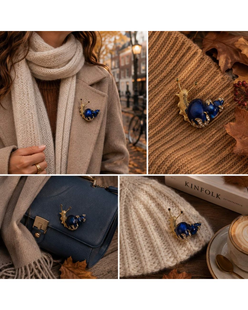 By Ozge Blue Rose Moonlit Journey Enamel & Zirconia Rose-Tone Snail Brooch