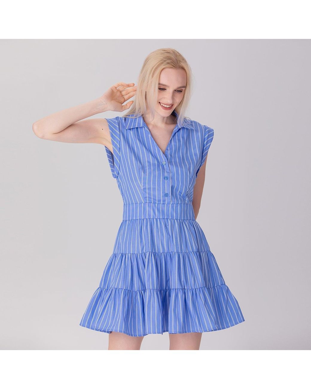Smart and Joy Blue Striped Tiered Panels Mini Shirt Dress