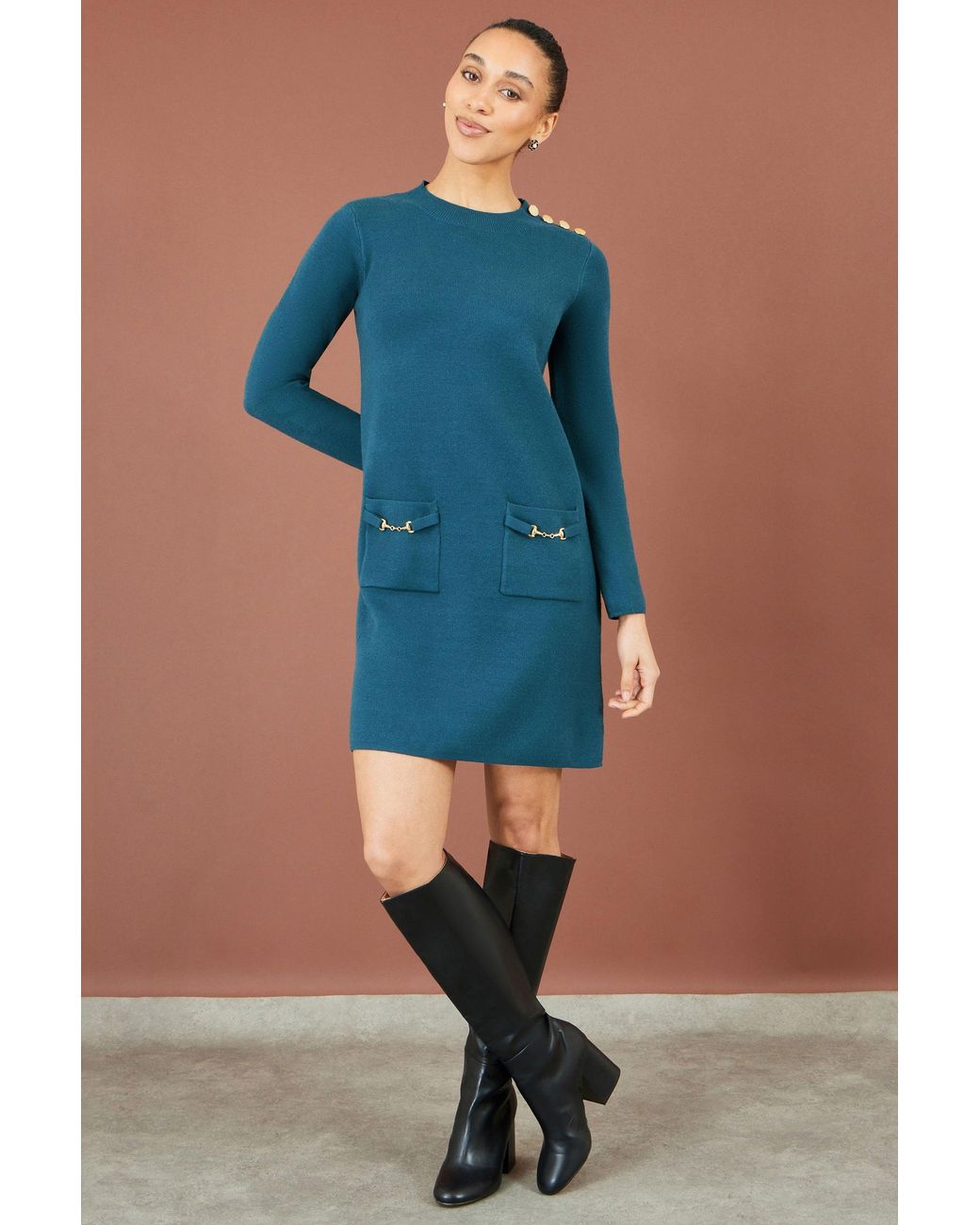 Yumi' Blue Knitted Tunic Dress With Hardware Details