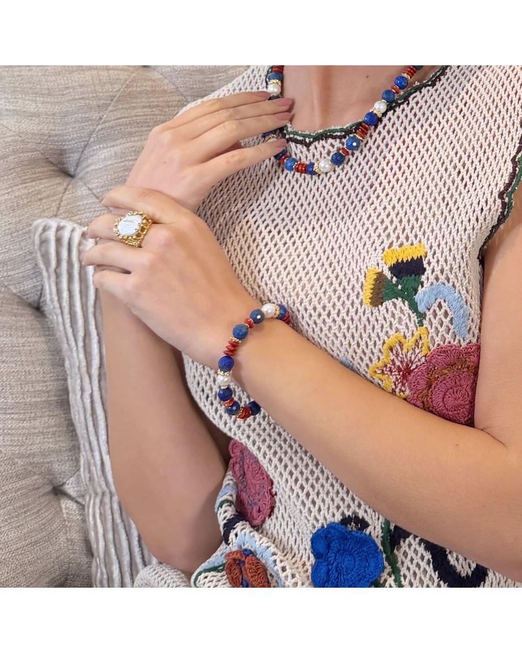 Farra Blue Lapis Bamboo Coral And Pearl Adjustable Slider Bracelet
