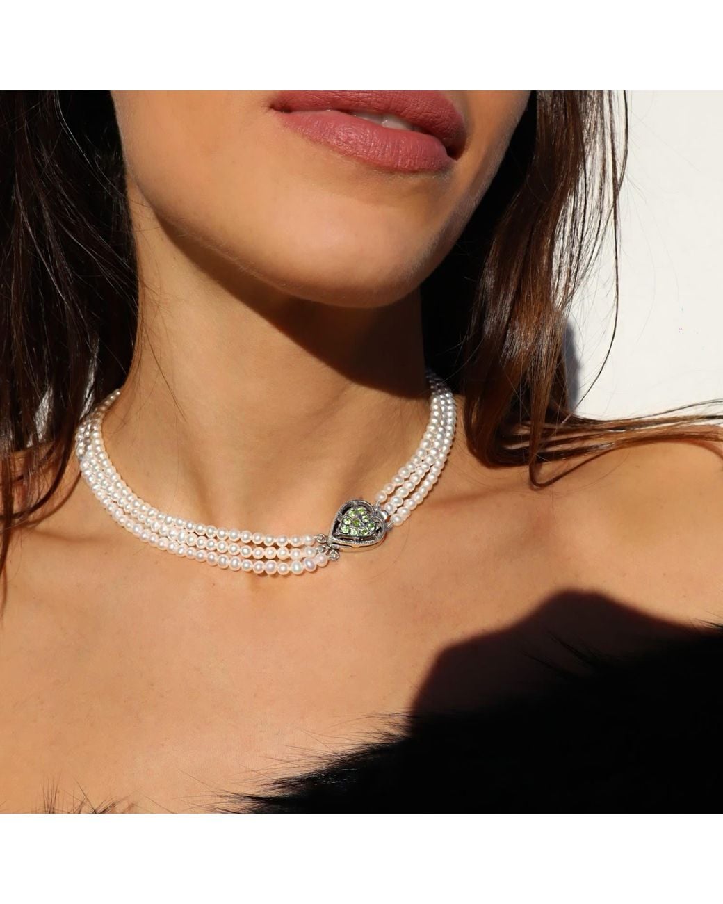 Mineralgems•Studio Metallic Three-Strand Pearl Choker With Heart-Shaped Clasp