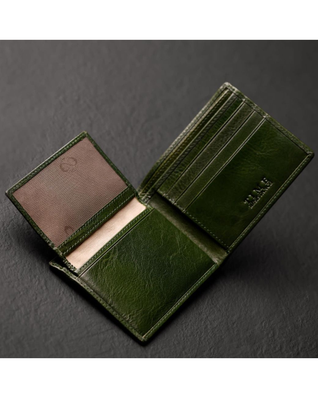 Time Resistance Green Leather Bifold Wallet for men