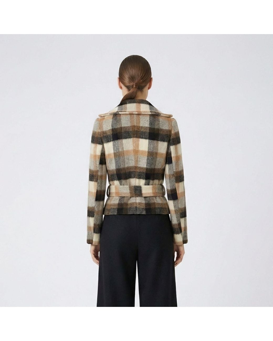 AVENUE No.29 Multicolor Neutrals Checked Wool Double Breasted Wide Lapel Jacket With Belt