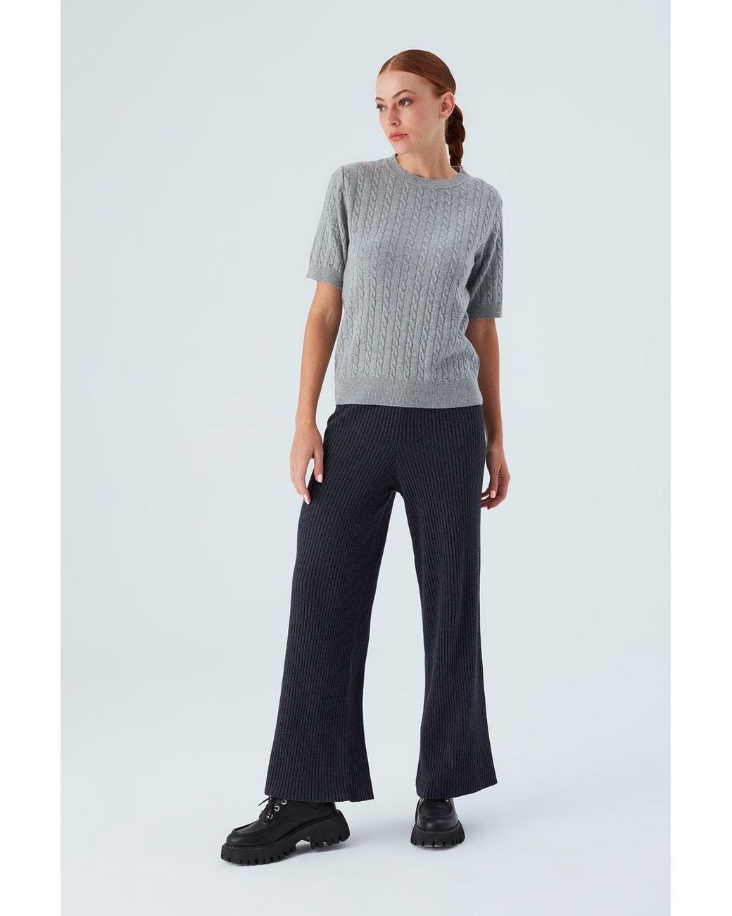 Peraluna Gray Nicole Cable Knit Cashmere Blend Short Sleeve Blouse