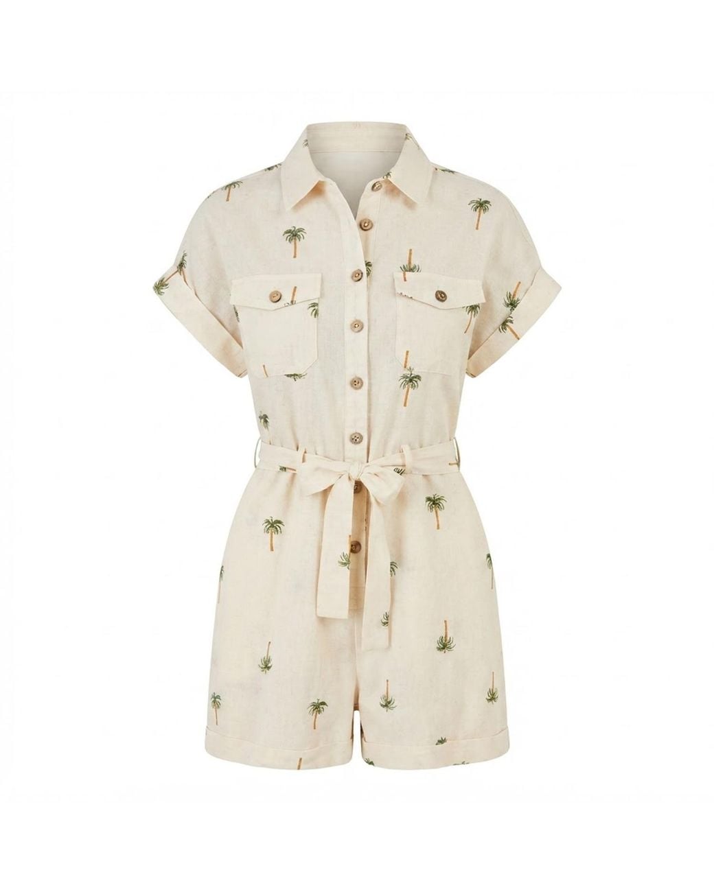 Yumi' Natural Embroidered Palm Print Cotton Playsuit