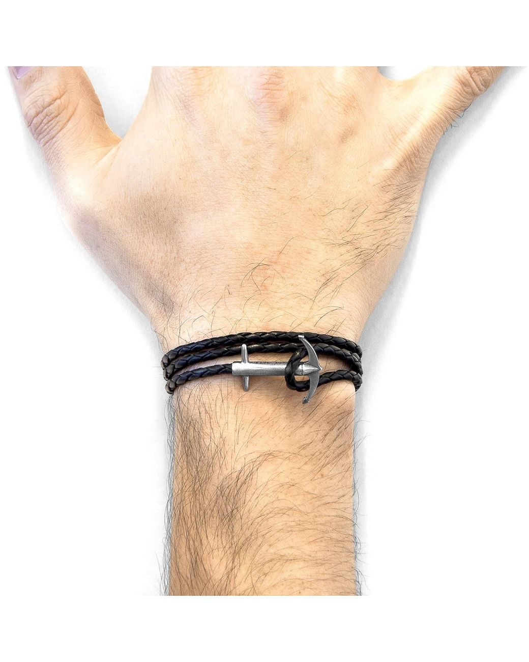 Anchor and Crew Multicolor Coal Black Admiral Anchor Silver & Braided Leather Bracelet for men