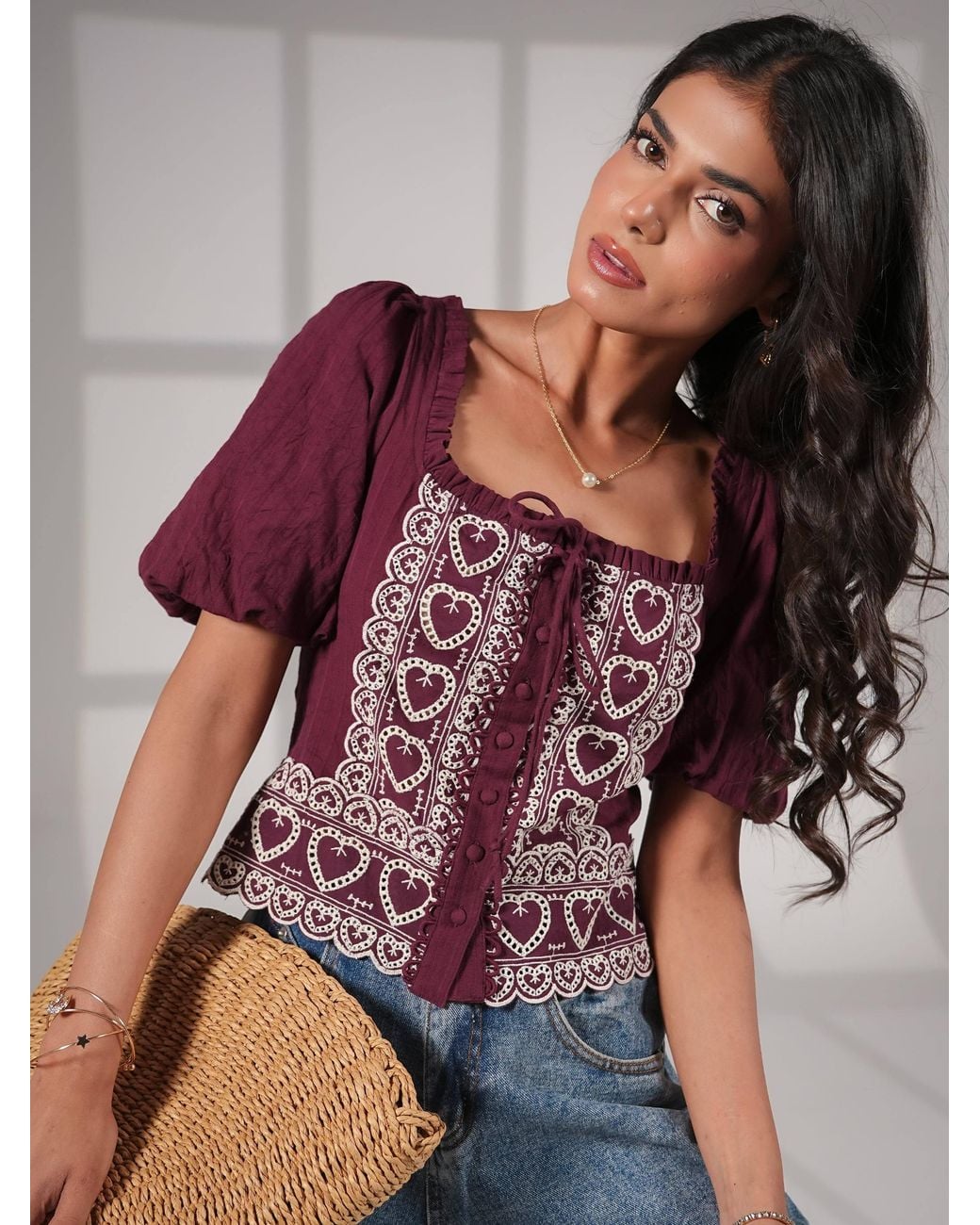 Rose & Nancy Red Harri Heart Burgundy Short Sleeve Top