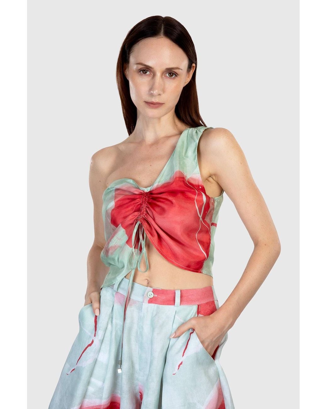 Shinaraa Green One Shoulder Adjustable Midriff Top