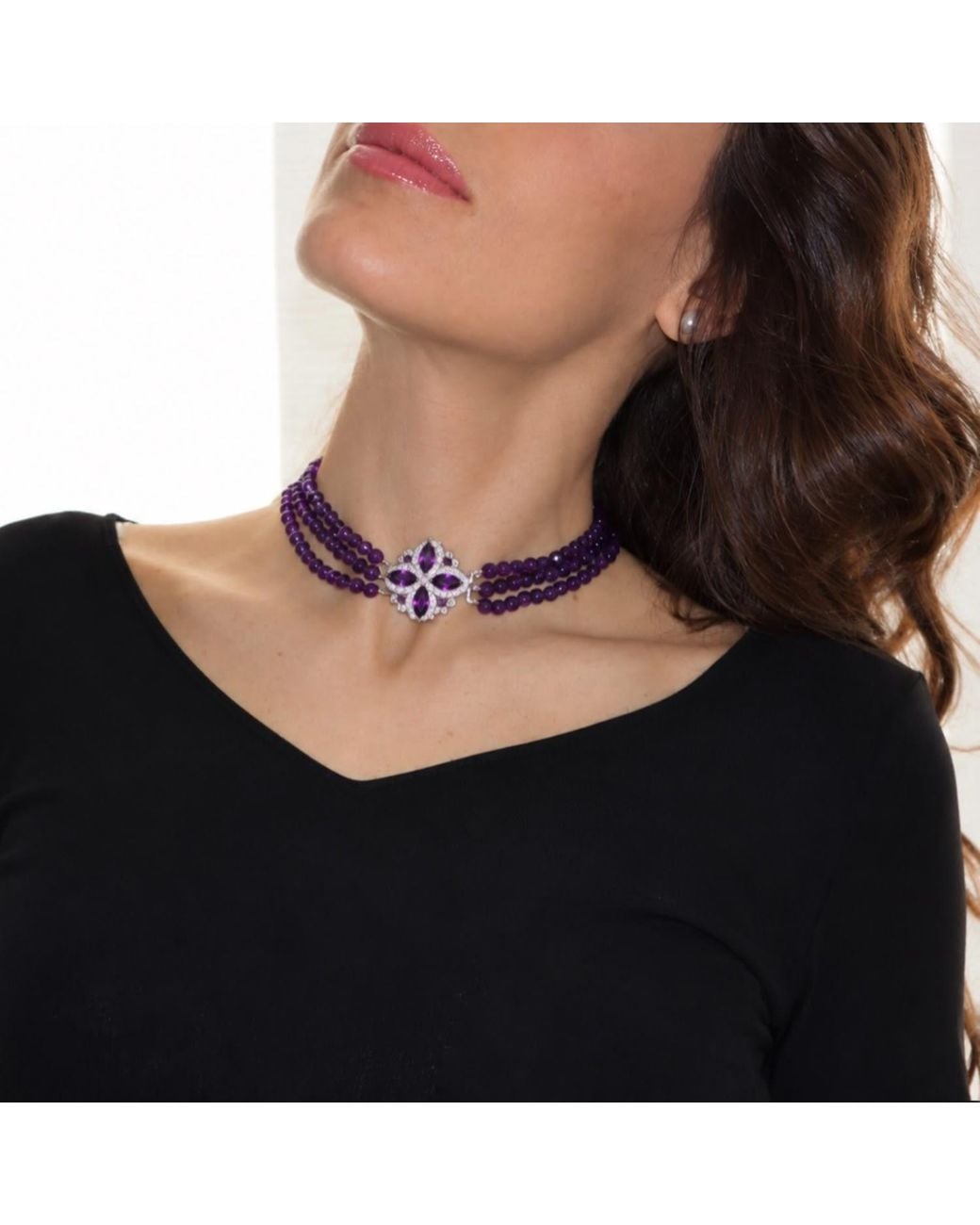 Mineralgems•Studio Purple Three-Strand Amethyst Choker With Front Jewel Clasp
