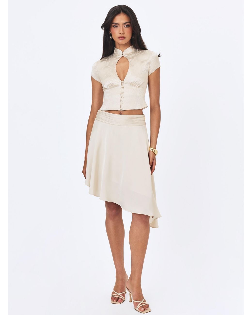 Miss Circle New York White Galilea Ivory Floral Jacquard Keyhole Mandarin Collar Top