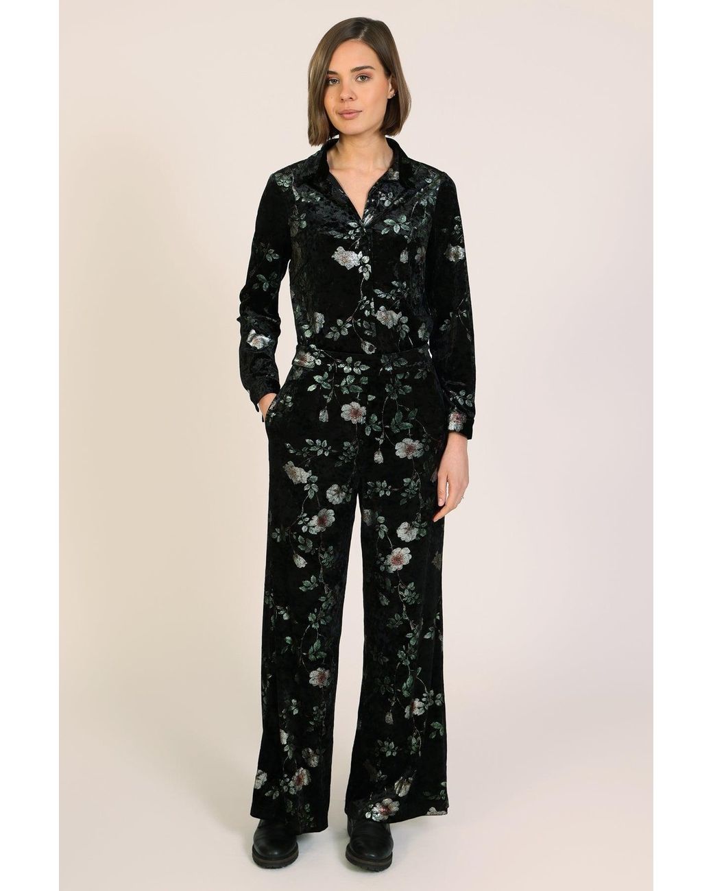 Traffic People Black Swan Song Metallic Velvet Floral Edith Wide Leg Trousers