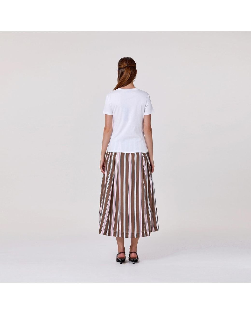 Smart and Joy Brown Striped Midi Skirt With Cotton Lining