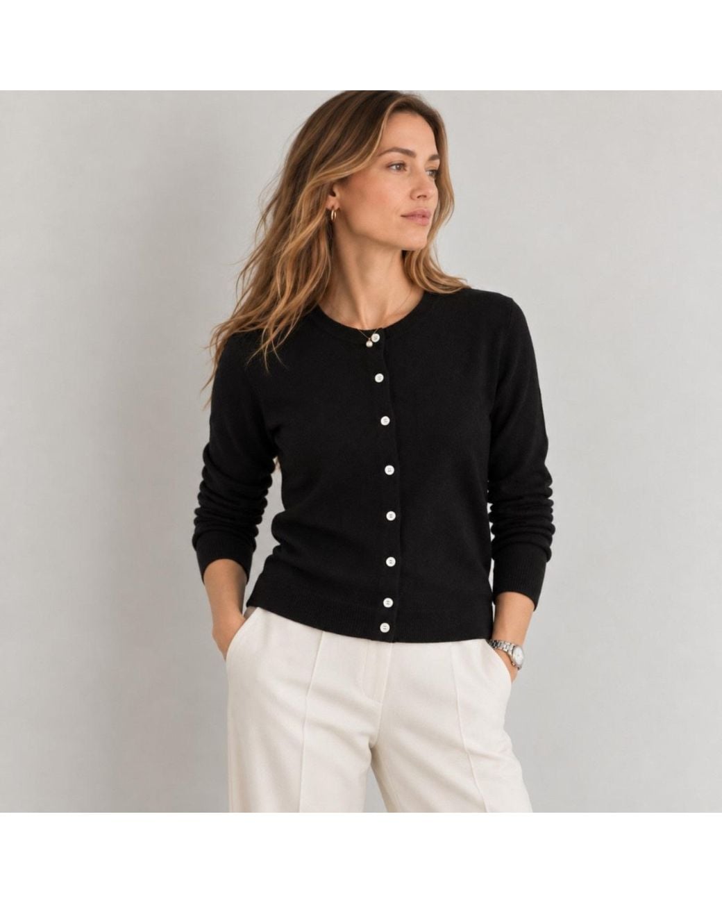 Nuvv Collection Black Fine Knit Cardigan With Buttons Wool And Cashmere Blend Italian Yarn