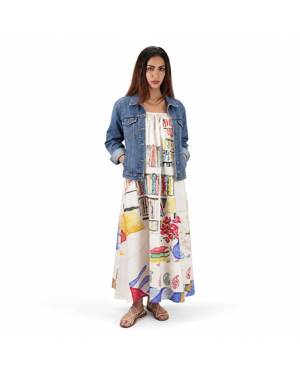 DHARA SHETH DUBAI White Abode Artistic Bookshelf Printed Spaghetti Strap Maxi Dress