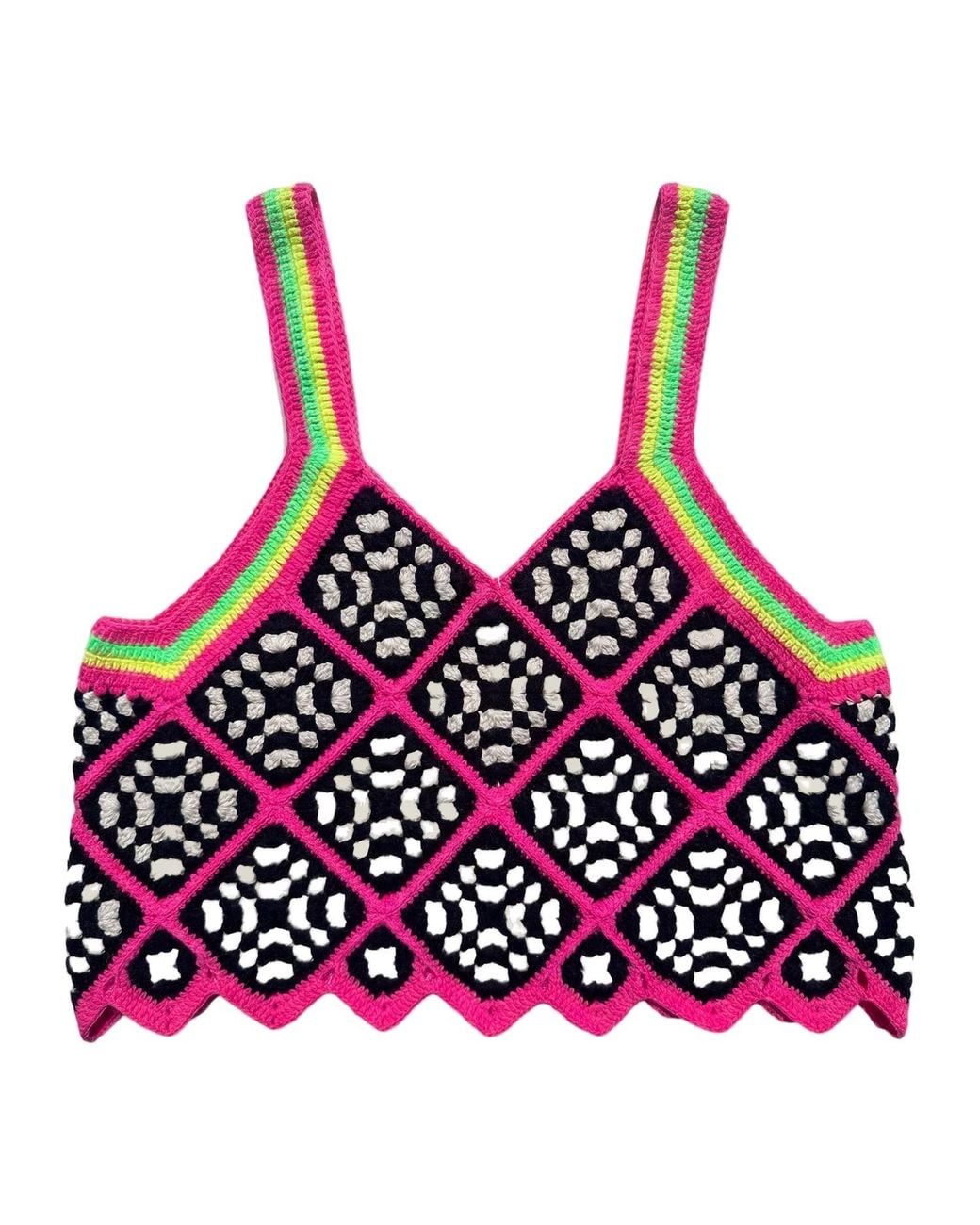 Ana Chic Red Neon Trim Granny Square Handmade Crochet Crop Top