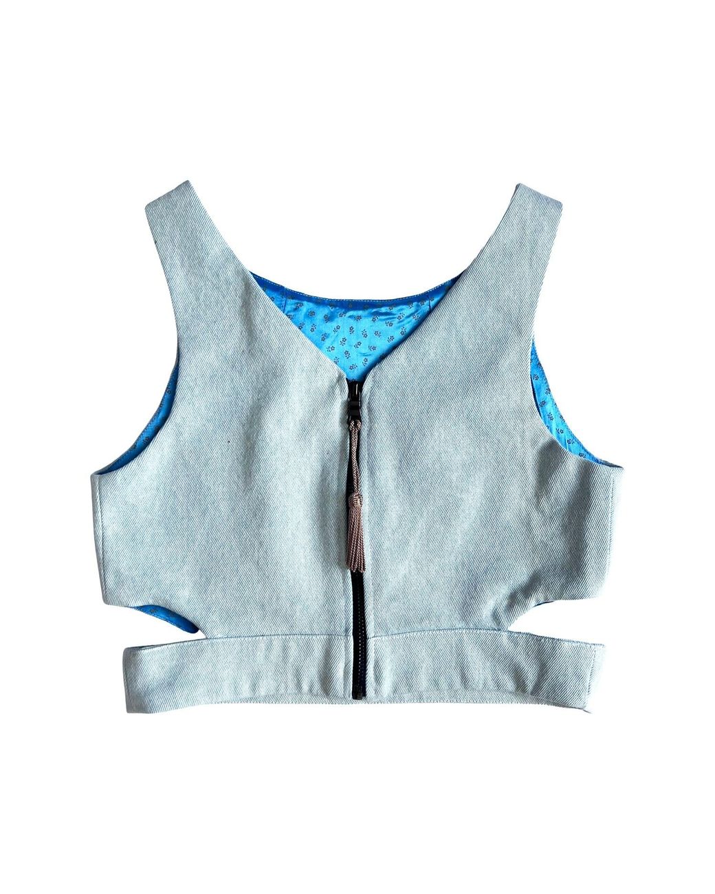 L2R THE LABEL Blue Denim Crop Top With Cut Outs In Washed