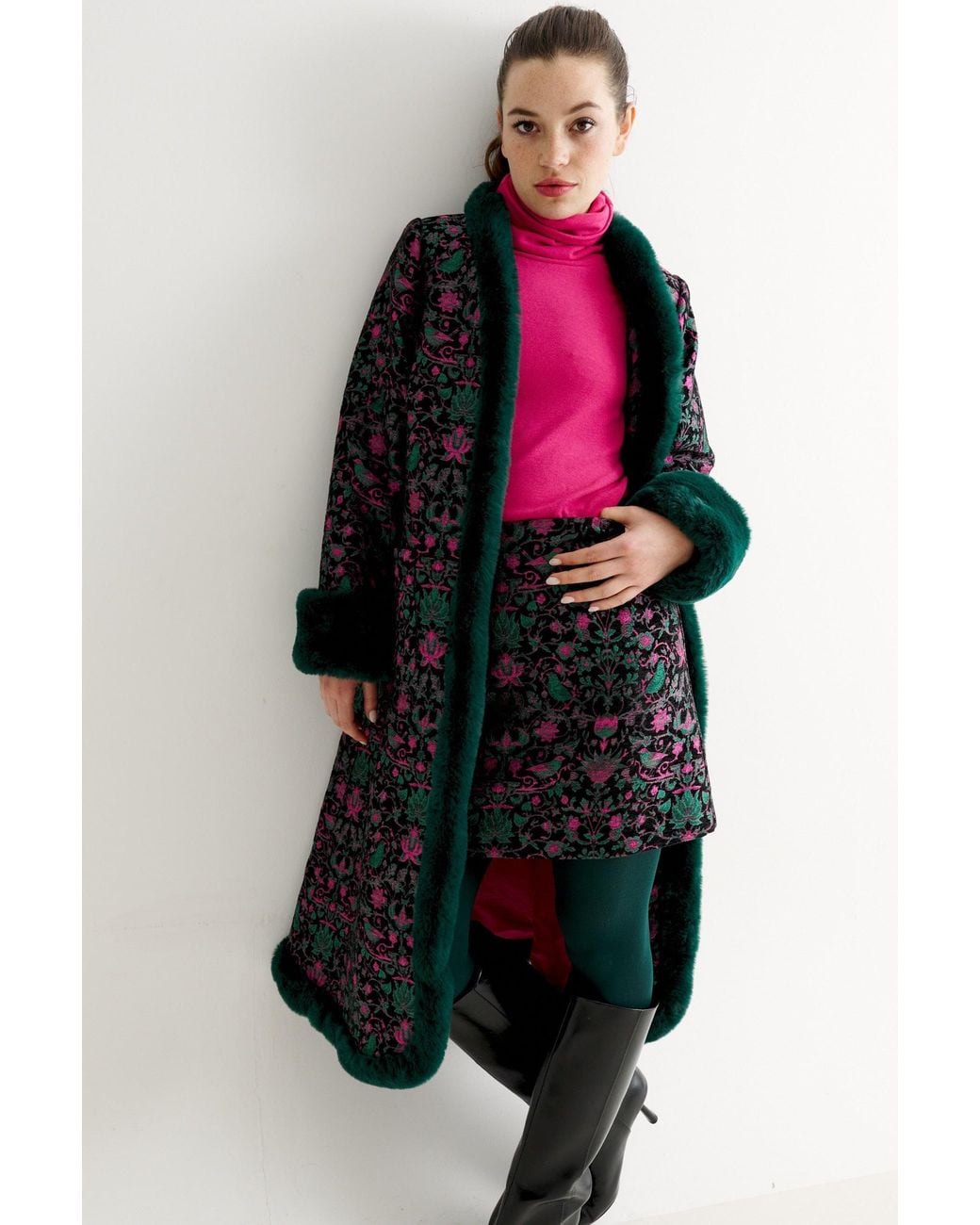 Louche Blue Delphia Belle Plume Jacquard Fur Trim Opera Coat