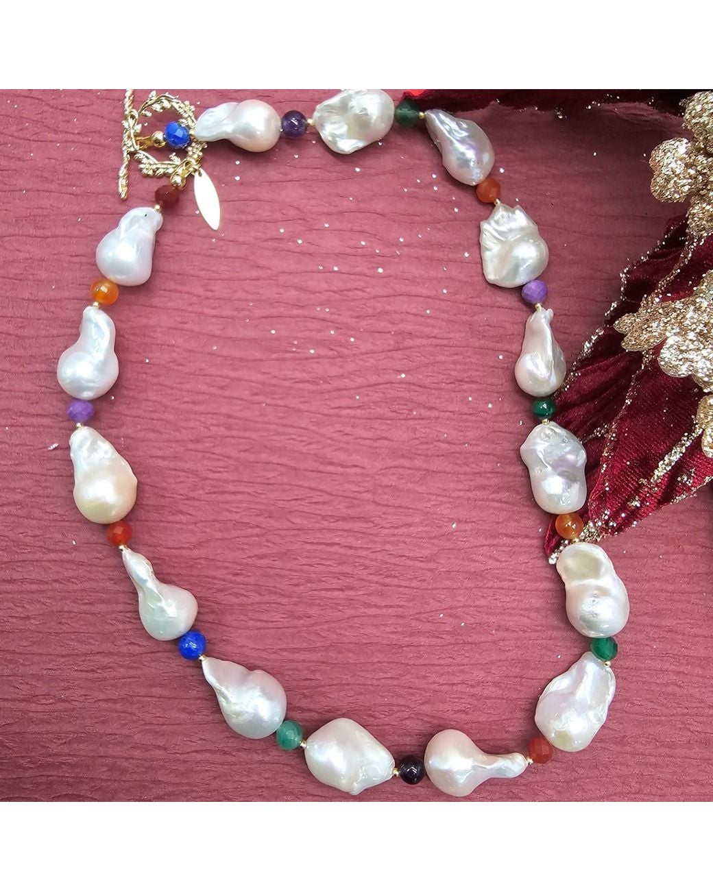 Farra Metallic Baroque Pearls With Colorful Gemstone Necklace