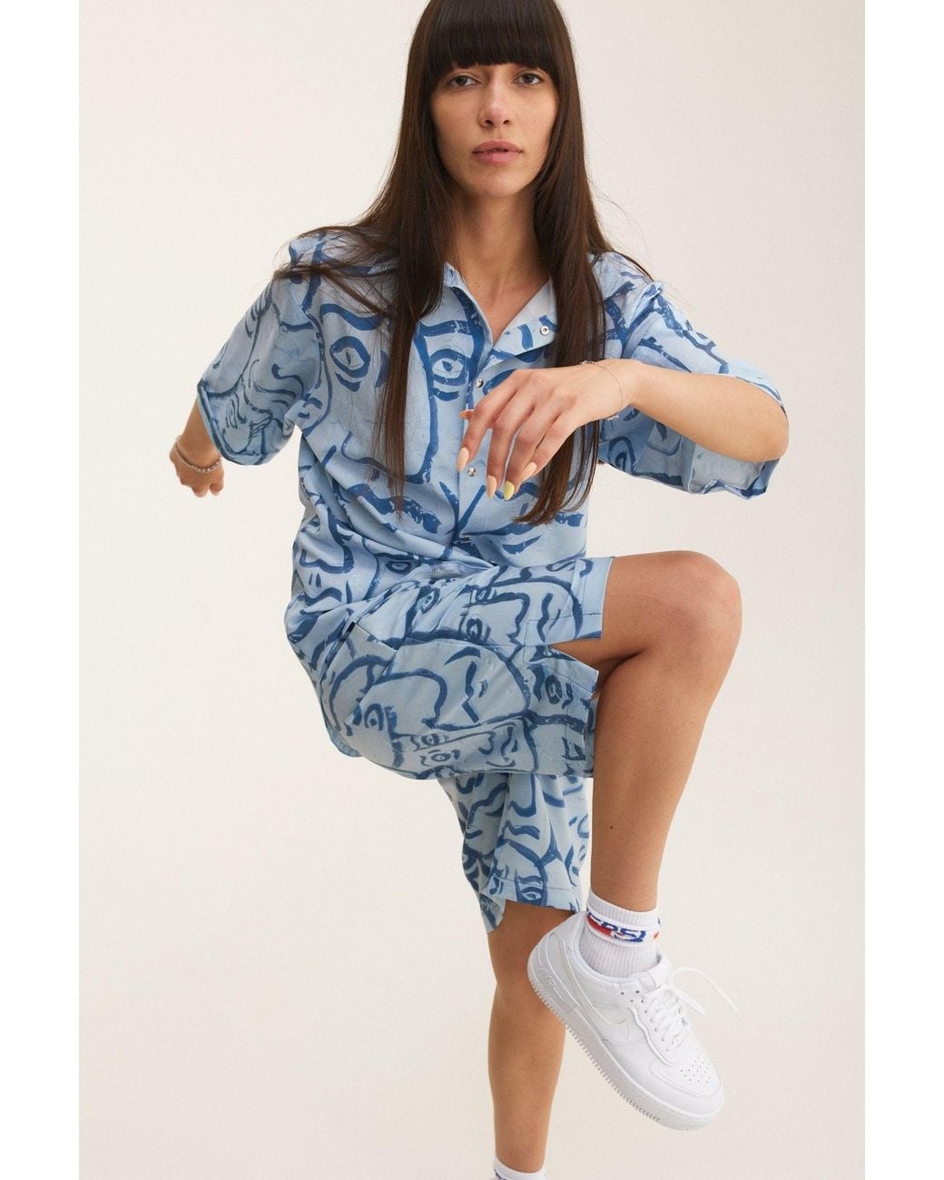 mysimplicated Blue Short Sleeve Shirt And Bermuda Set With Faces Design