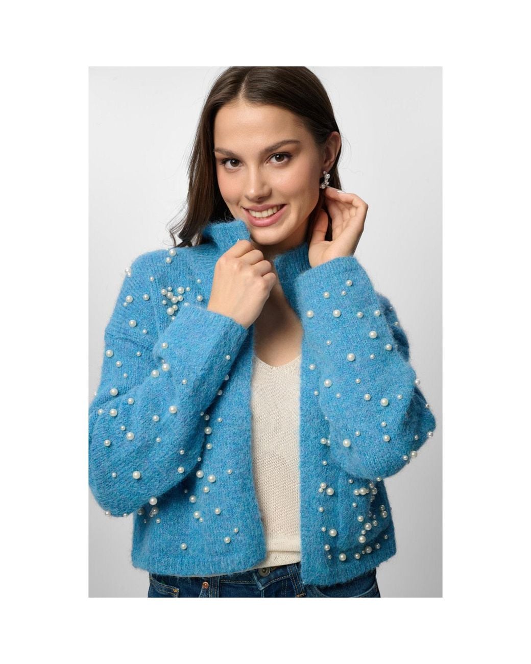 Saachi Blue Pearl Collared Open Cardigan